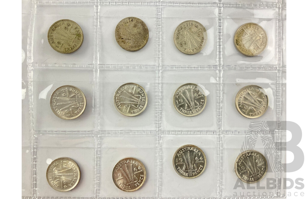 Collection of Australian KGVI and QE2 Silver Threepence Coins, Examples From 1942 to 1964 Including Denver and San Fransisco Mints with Fourteen 1964 A/UNC .500