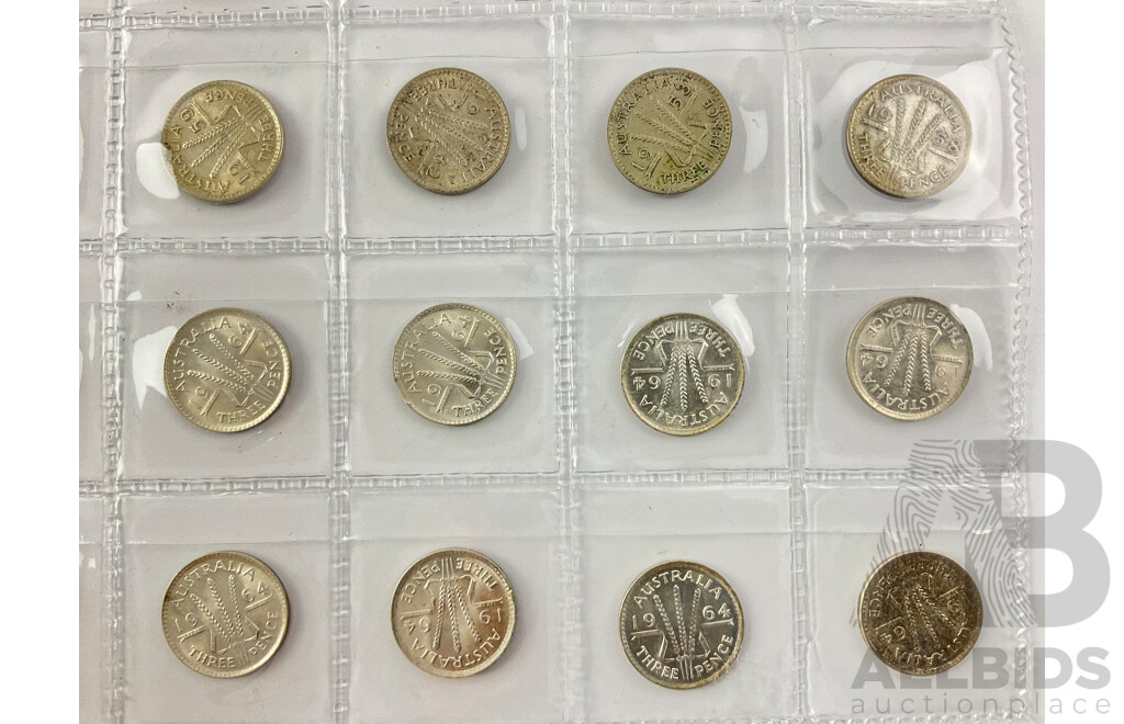 Collection of Australian KGVI and QE2 Silver Threepence Coins, Examples From 1942 to 1964 Including Denver and San Fransisco Mints with Fourteen 1964 A/UNC .500