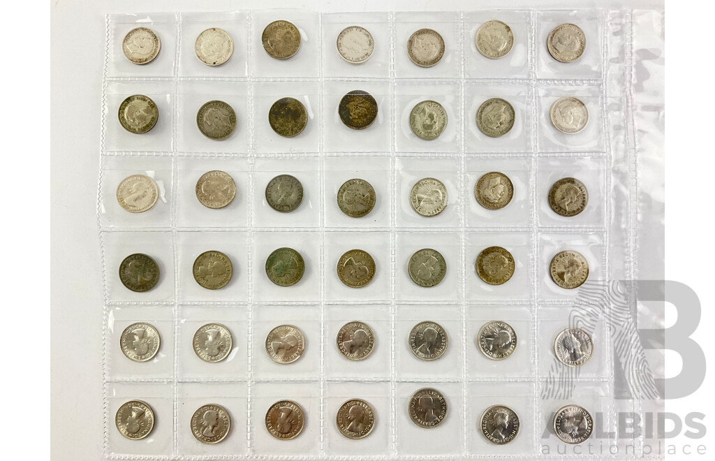 Collection of Australian KGVI and QE2 Silver Threepence Coins, Examples From 1942 to 1964 Including Denver and San Fransisco Mints with Fourteen 1964 A/UNC .500