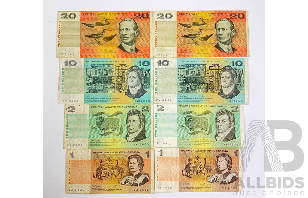 Collection of Australian COA 1972 Phillips/Wheeler Banknotes Including R404 Twenty(2) R304 Ten(2) R84 Two(2) R74 One(2) Face Value $66