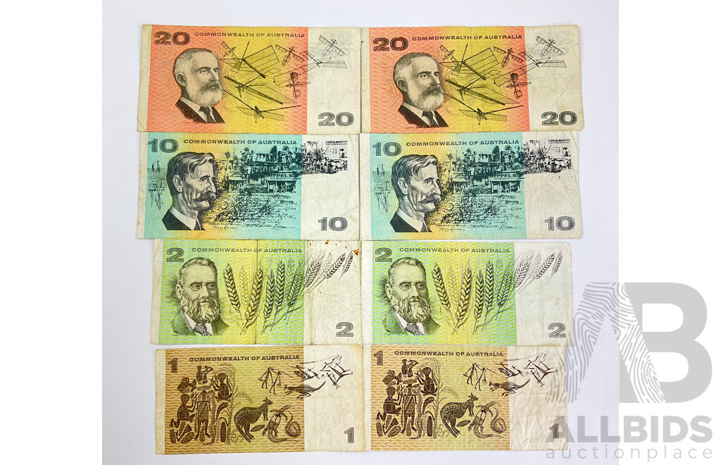 Collection of Australian COA 1972 Phillips/Wheeler Banknotes Including R404 Twenty(2) R304 Ten(2) R84 Two(2) R74 One(2) Face Value $66