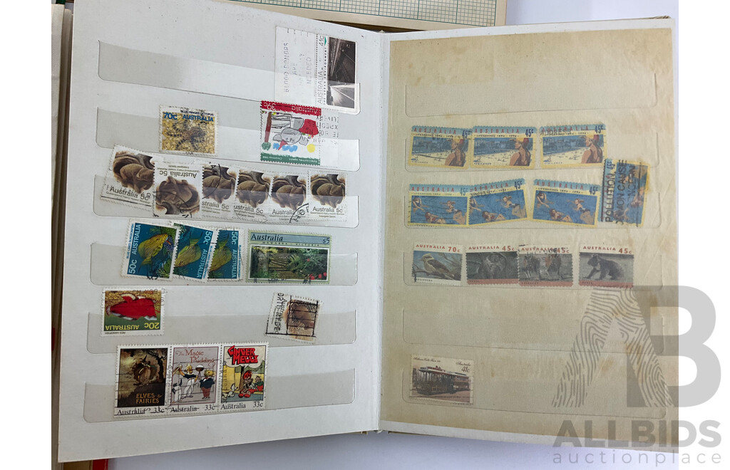 Four Albums of Australian Stamps Including Predecimal, Prepaid and Various Postmarks and Messages ''Smart People Wear Seat Belts'' ''Please Post Early Before Lunch & Before Four O'clock''