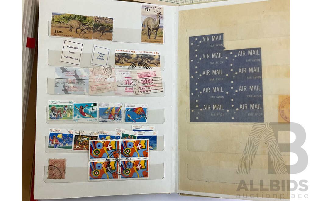 Four Albums of Australian Stamps Including Predecimal, Prepaid and Various Postmarks and Messages ''Smart People Wear Seat Belts'' ''Please Post Early Before Lunch & Before Four O'clock''