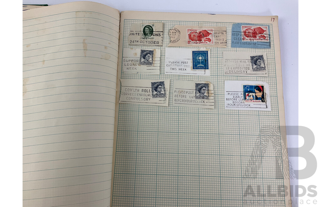 Four Albums of Australian Stamps Including Predecimal, Prepaid and Various Postmarks and Messages ''Smart People Wear Seat Belts'' ''Please Post Early Before Lunch & Before Four O'clock''