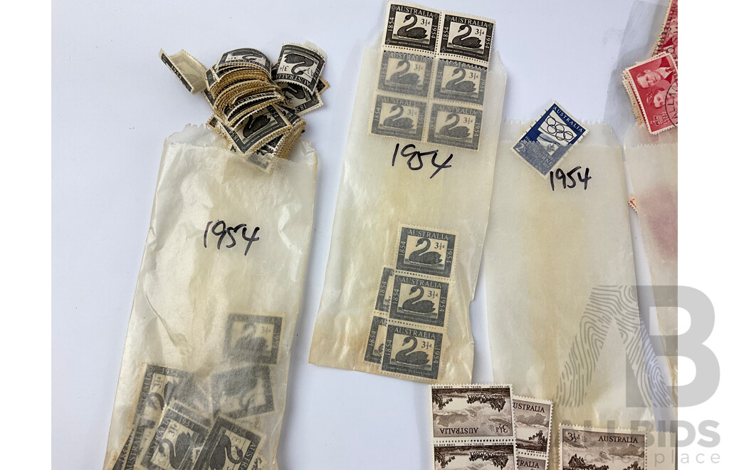 Collection of Australian Mint and Cancelled 1954-55 Predecimal Stamps Including Royal Visit, Telegraph Centenary, Railway Centenary and More, Many Multiples