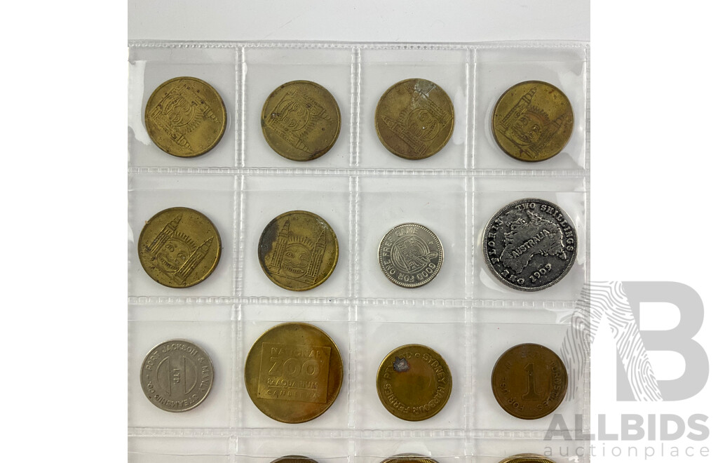 Collection of Medallions and Tokens Including Brass Razoo, Luna Park, Manly Steamship Co, European Telephone and More