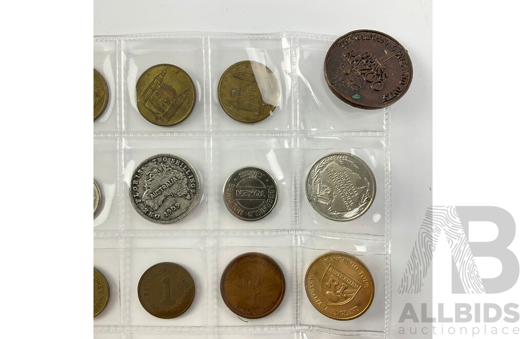 Collection of Medallions and Tokens Including Brass Razoo, Luna Park, Manly Steamship Co, European Telephone and More