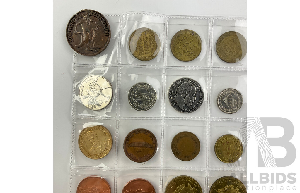 Collection of Medallions and Tokens Including Brass Razoo, Luna Park, Manly Steamship Co, European Telephone and More