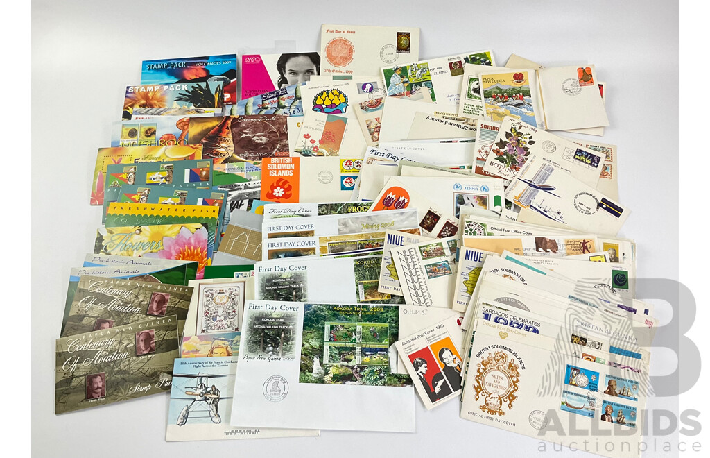 Collection of Pacific 1960's-2000's Stamp Packs and First Day Covers Including Papua New Guinea, British Solomon Islands, Niue, Norfolk Islands, Samoa, Aitutaki, Australia