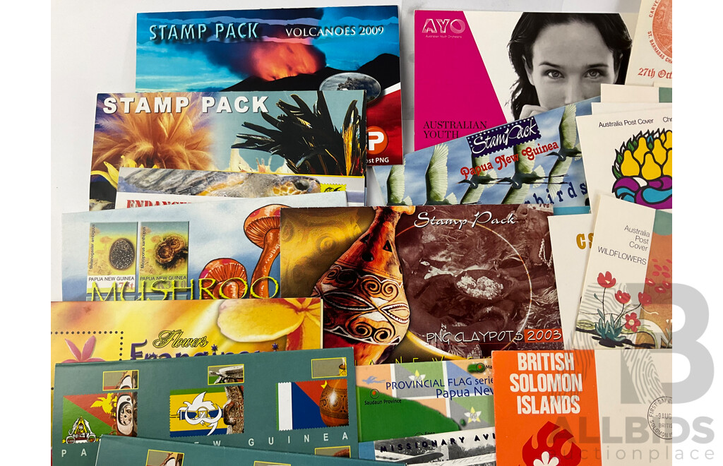 Collection of Pacific 1960's-2000's Stamp Packs and First Day Covers Including Papua New Guinea, British Solomon Islands, Niue, Norfolk Islands, Samoa, Aitutaki, Australia