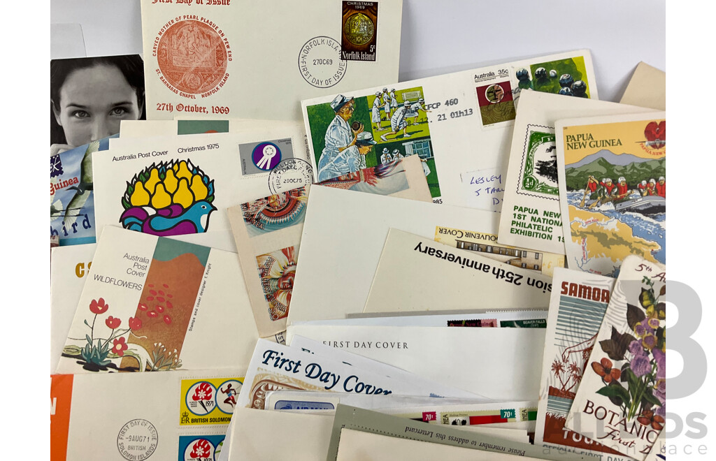 Collection of Pacific 1960's-2000's Stamp Packs and First Day Covers Including Papua New Guinea, British Solomon Islands, Niue, Norfolk Islands, Samoa, Aitutaki, Australia