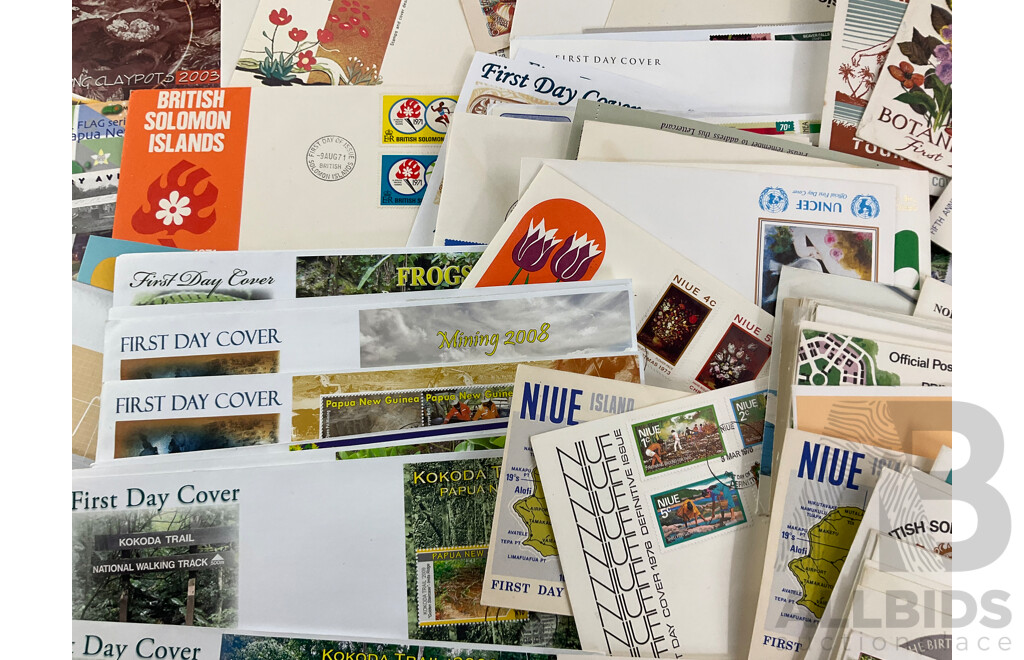 Collection of Pacific 1960's-2000's Stamp Packs and First Day Covers Including Papua New Guinea, British Solomon Islands, Niue, Norfolk Islands, Samoa, Aitutaki, Australia