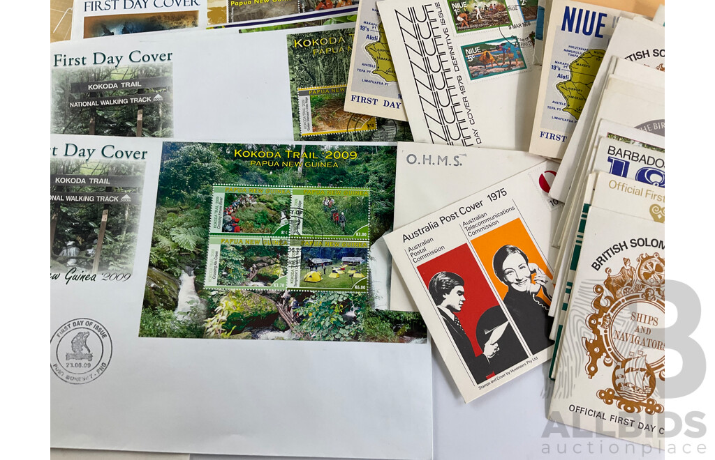 Collection of Pacific 1960's-2000's Stamp Packs and First Day Covers Including Papua New Guinea, British Solomon Islands, Niue, Norfolk Islands, Samoa, Aitutaki, Australia