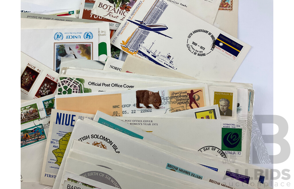 Collection of Pacific 1960's-2000's Stamp Packs and First Day Covers Including Papua New Guinea, British Solomon Islands, Niue, Norfolk Islands, Samoa, Aitutaki, Australia