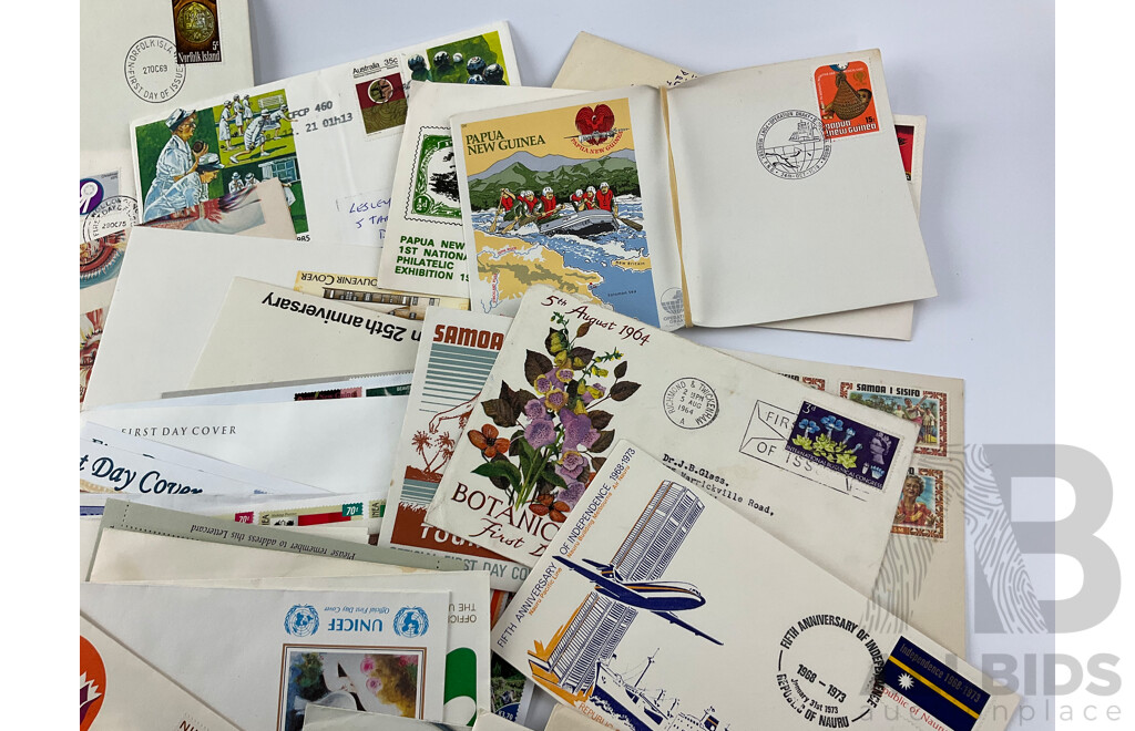 Collection of Pacific 1960's-2000's Stamp Packs and First Day Covers Including Papua New Guinea, British Solomon Islands, Niue, Norfolk Islands, Samoa, Aitutaki, Australia