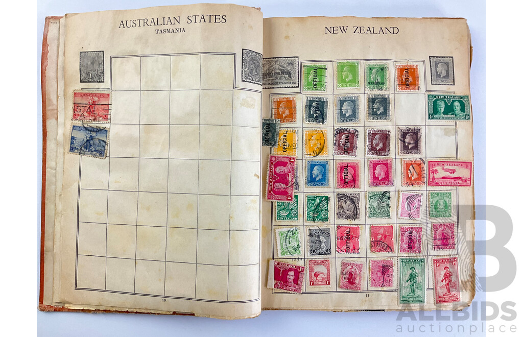 Stamp Album of Antique and Vintage Stamps Including Australian Red Harbour Bridge, New Zealand Pre Decimal, Canada, China, Portugal, Japan, Straits Settlements and More - Variety of Over Prints