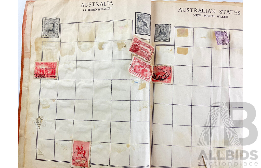 Stamp Album of Antique and Vintage Stamps Including Australian Red Harbour Bridge, New Zealand Pre Decimal, Canada, China, Portugal, Japan, Straits Settlements and More - Variety of Over Prints