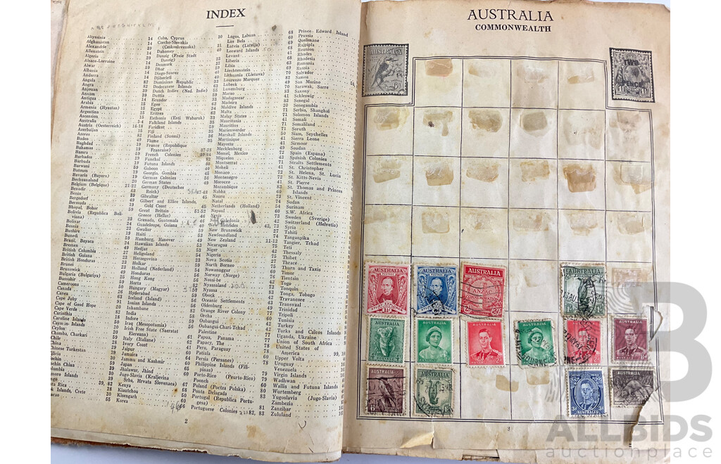 Stamp Album of Antique and Vintage Stamps Including Australian Red Harbour Bridge, New Zealand Pre Decimal, Canada, China, Portugal, Japan, Straits Settlements and More - Variety of Over Prints