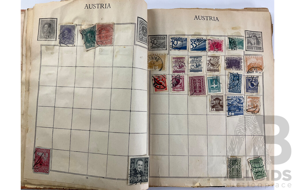 Stamp Album of Antique and Vintage Stamps Including Australian Red Harbour Bridge, New Zealand Pre Decimal, Canada, China, Portugal, Japan, Straits Settlements and More - Variety of Over Prints