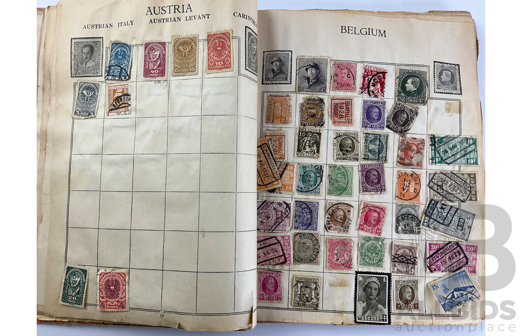 Stamp Album of Antique and Vintage Stamps Including Australian Red Harbour Bridge, New Zealand Pre Decimal, Canada, China, Portugal, Japan, Straits Settlements and More - Variety of Over Prints