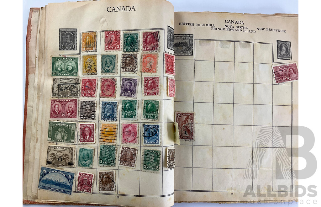 Stamp Album of Antique and Vintage Stamps Including Australian Red Harbour Bridge, New Zealand Pre Decimal, Canada, China, Portugal, Japan, Straits Settlements and More - Variety of Over Prints