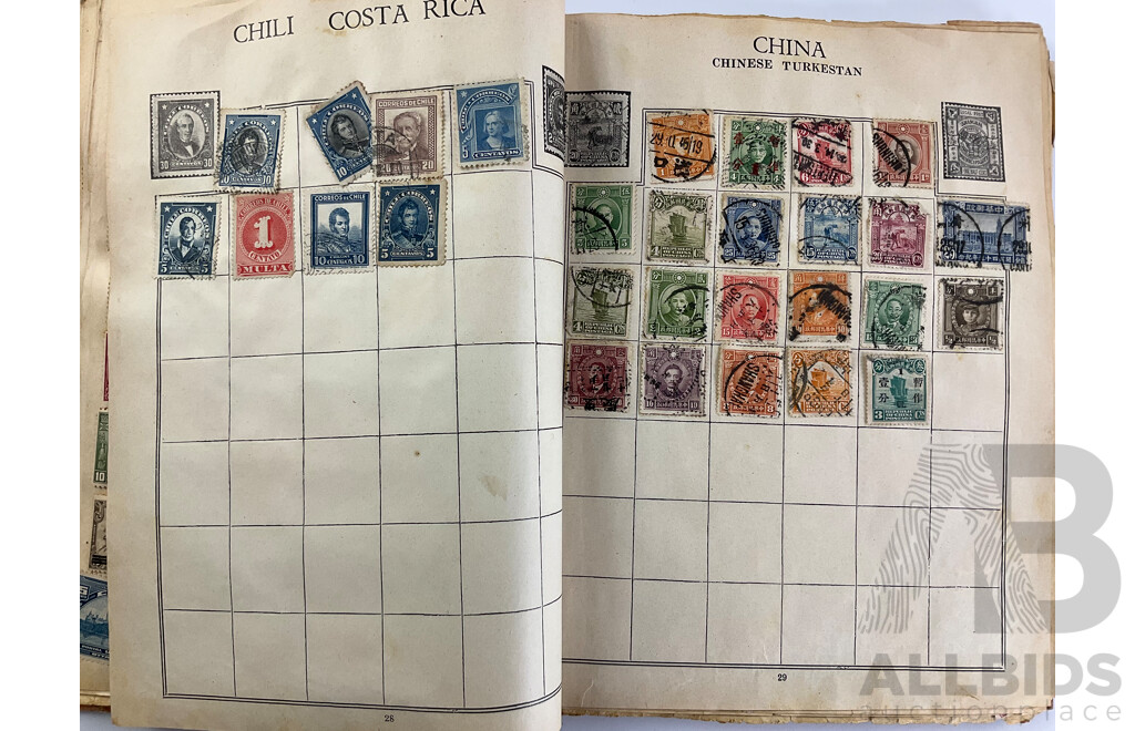 Stamp Album of Antique and Vintage Stamps Including Australian Red Harbour Bridge, New Zealand Pre Decimal, Canada, China, Portugal, Japan, Straits Settlements and More - Variety of Over Prints