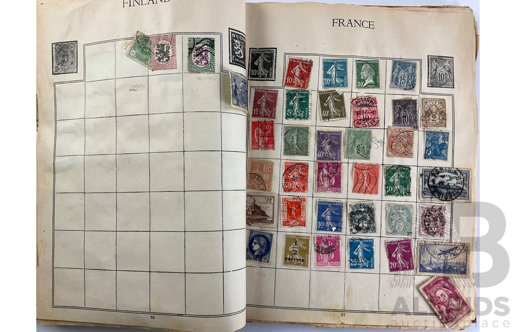 Stamp Album of Antique and Vintage Stamps Including Australian Red Harbour Bridge, New Zealand Pre Decimal, Canada, China, Portugal, Japan, Straits Settlements and More - Variety of Over Prints