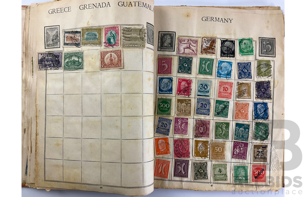 Stamp Album of Antique and Vintage Stamps Including Australian Red Harbour Bridge, New Zealand Pre Decimal, Canada, China, Portugal, Japan, Straits Settlements and More - Variety of Over Prints