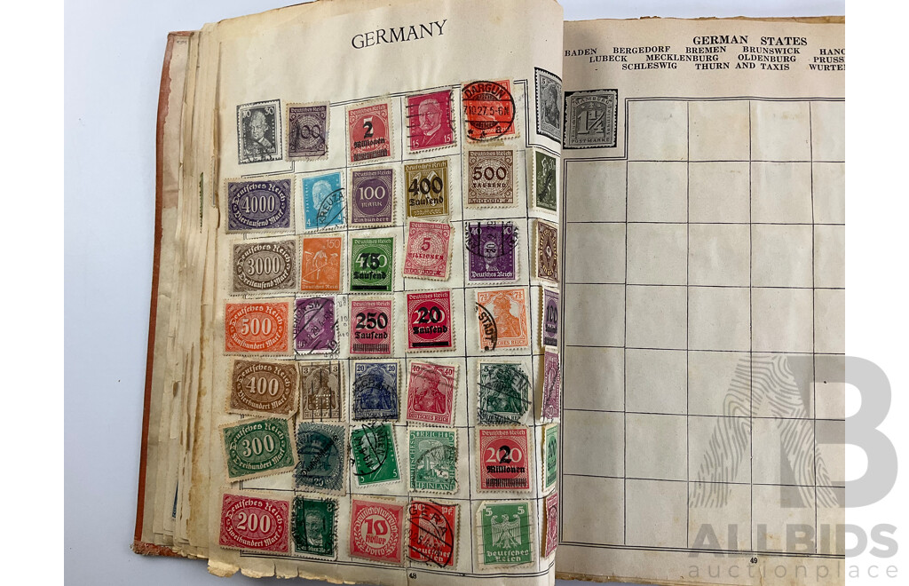 Stamp Album of Antique and Vintage Stamps Including Australian Red Harbour Bridge, New Zealand Pre Decimal, Canada, China, Portugal, Japan, Straits Settlements and More - Variety of Over Prints