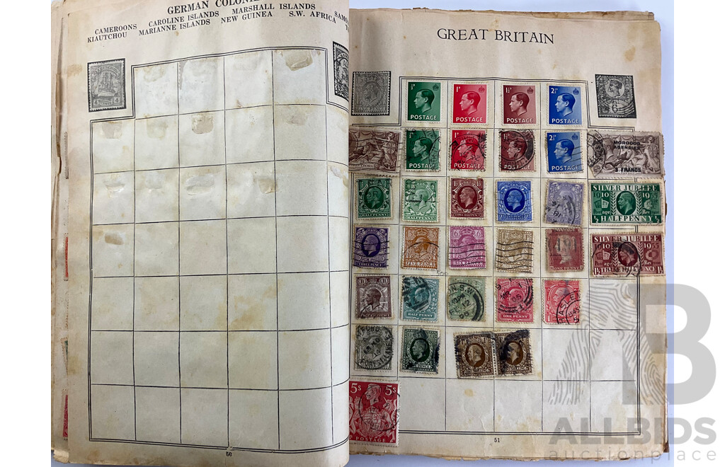 Stamp Album of Antique and Vintage Stamps Including Australian Red Harbour Bridge, New Zealand Pre Decimal, Canada, China, Portugal, Japan, Straits Settlements and More - Variety of Over Prints