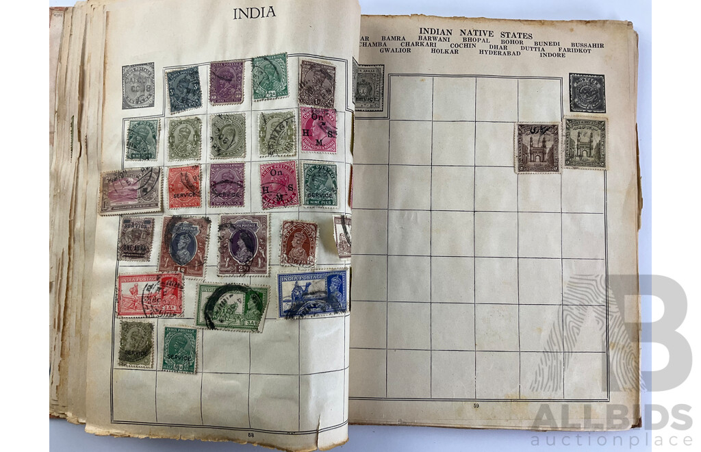 Stamp Album of Antique and Vintage Stamps Including Australian Red Harbour Bridge, New Zealand Pre Decimal, Canada, China, Portugal, Japan, Straits Settlements and More - Variety of Over Prints