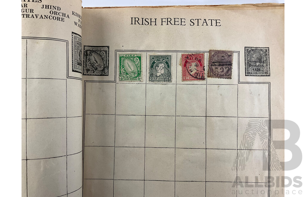 Stamp Album of Antique and Vintage Stamps Including Australian Red Harbour Bridge, New Zealand Pre Decimal, Canada, China, Portugal, Japan, Straits Settlements and More - Variety of Over Prints