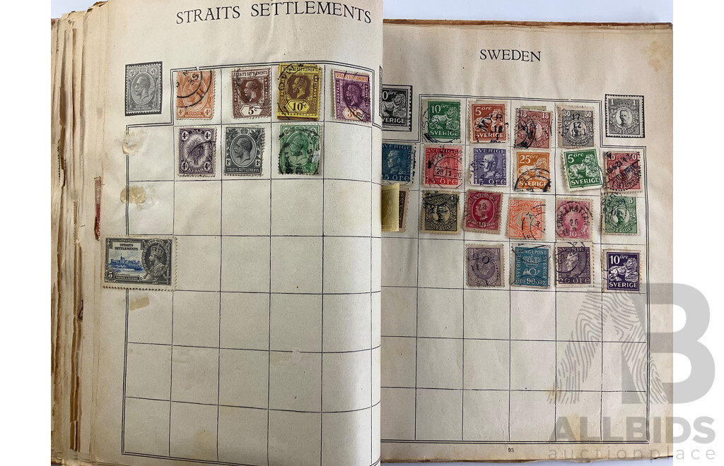 Stamp Album of Antique and Vintage Stamps Including Australian Red Harbour Bridge, New Zealand Pre Decimal, Canada, China, Portugal, Japan, Straits Settlements and More - Variety of Over Prints