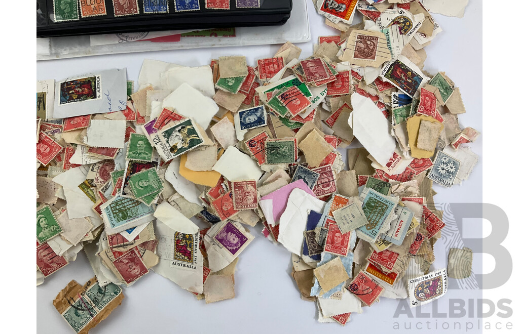 Collection of Australian Predecimal and Early Decimal Cancelled Stamps with Album of Vintage International Stamps Including Commonwealth Countries and Germany