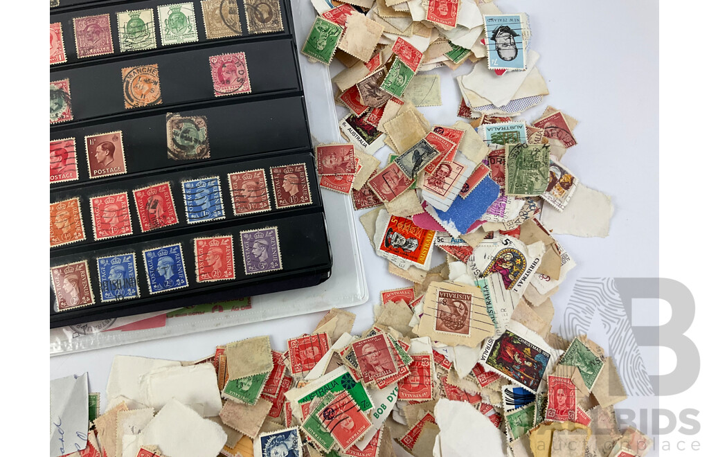 Collection of Australian Predecimal and Early Decimal Cancelled Stamps with Album of Vintage International Stamps Including Commonwealth Countries and Germany