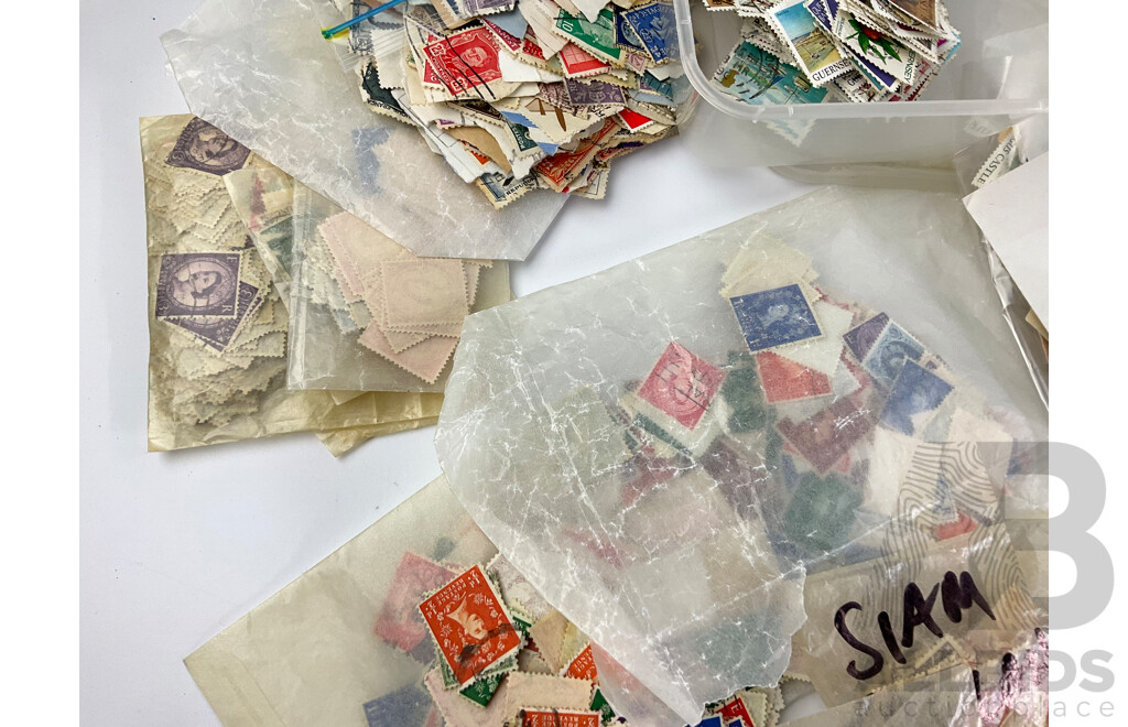 Collection of Cancelled International Stamps Including Australian Predecimal, UK, Argentina, Belgium, Germany, USA with First Day Covers From PNG, Australia, Guernsey, Predecimal Aerogrammes and More