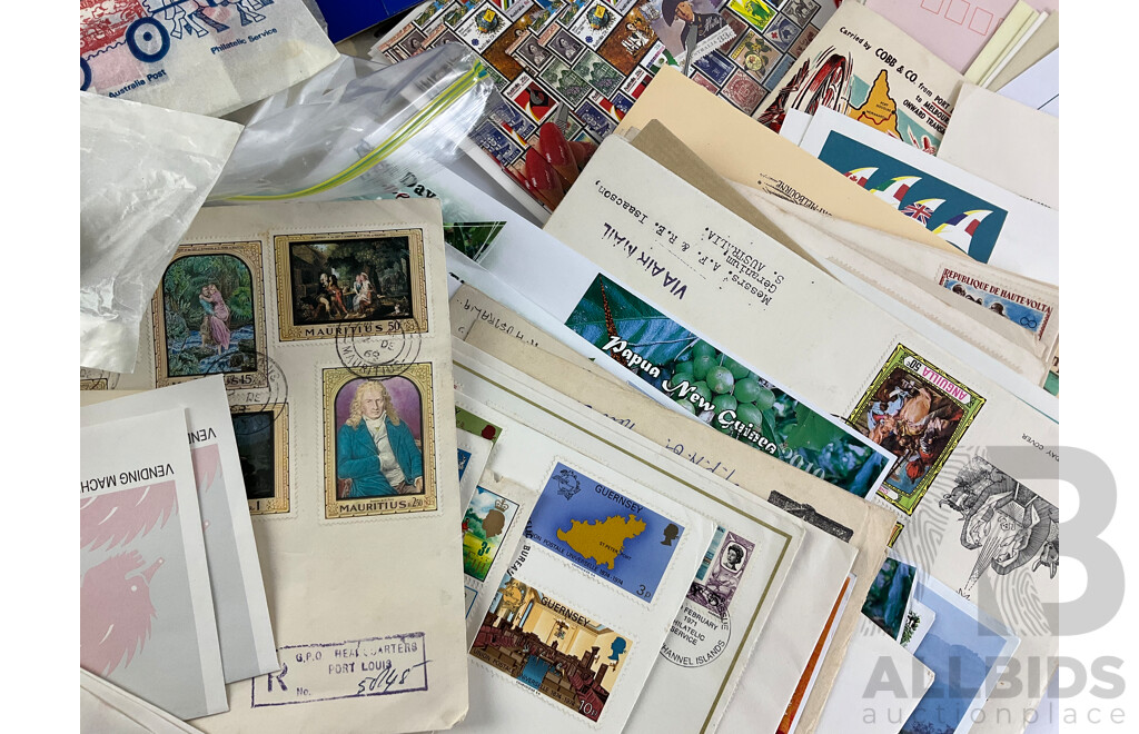 Collection of Cancelled International Stamps Including Australian Predecimal, UK, Argentina, Belgium, Germany, USA with First Day Covers From PNG, Australia, Guernsey, Predecimal Aerogrammes and More