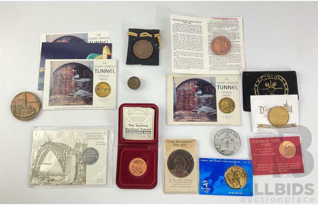 Assortment of Medallions and Coins Including Australian Late 1800's Stamp Die 'Commnwealth Disposals Commision' 1992 Harbour Tunnel and Bridge, 1970 Cook Bicentenary, 2000 Five Dollar Coin, 1985 Parliament House Sydney and More