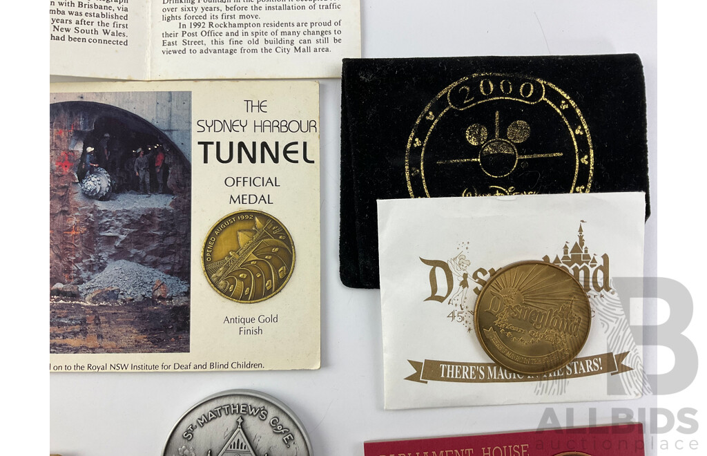 Assortment of Medallions and Coins Including Australian Late 1800's Stamp Die 'Commnwealth Disposals Commision' 1992 Harbour Tunnel and Bridge, 1970 Cook Bicentenary, 2000 Five Dollar Coin, 1985 Parliament House Sydney and More