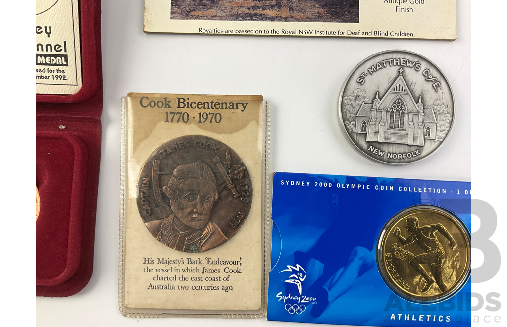 Assortment of Medallions and Coins Including Australian Late 1800's Stamp Die 'Commnwealth Disposals Commision' 1992 Harbour Tunnel and Bridge, 1970 Cook Bicentenary, 2000 Five Dollar Coin, 1985 Parliament House Sydney and More