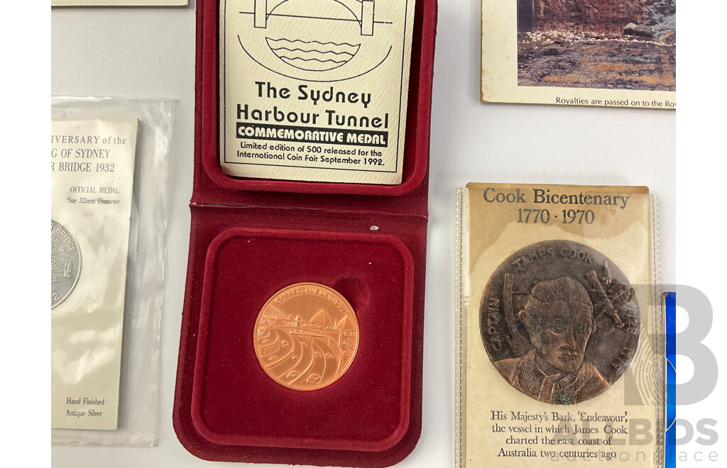 Assortment of Medallions and Coins Including Australian Late 1800's Stamp Die 'Commnwealth Disposals Commision' 1992 Harbour Tunnel and Bridge, 1970 Cook Bicentenary, 2000 Five Dollar Coin, 1985 Parliament House Sydney and More