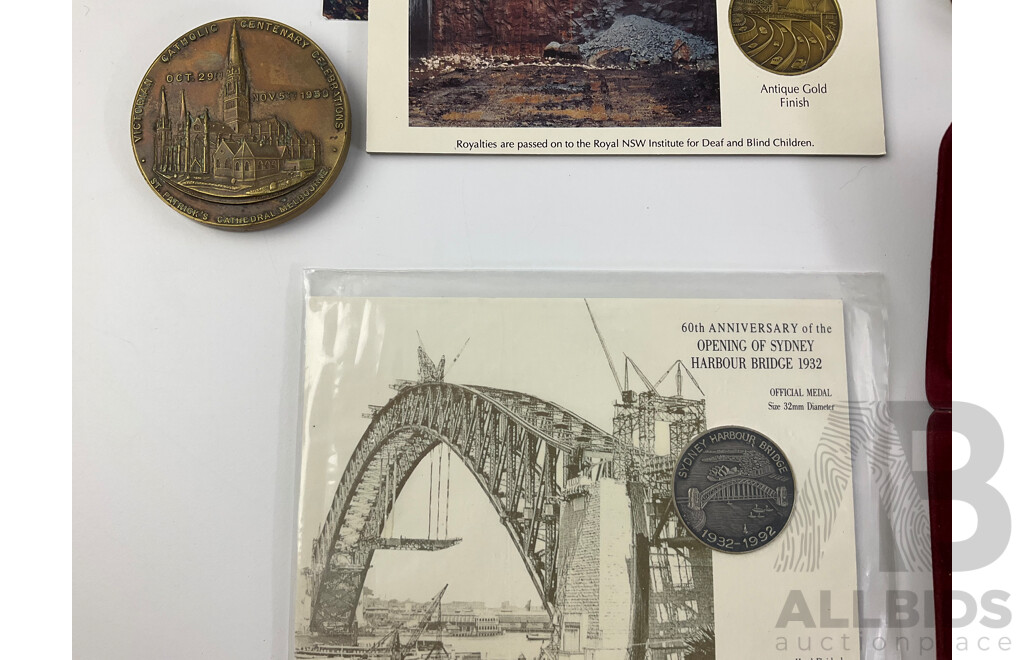 Assortment of Medallions and Coins Including Australian Late 1800's Stamp Die 'Commnwealth Disposals Commision' 1992 Harbour Tunnel and Bridge, 1970 Cook Bicentenary, 2000 Five Dollar Coin, 1985 Parliament House Sydney and More