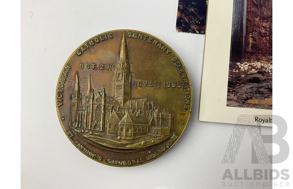 Assortment of Medallions and Coins Including Australian Late 1800's Stamp Die 'Commnwealth Disposals Commision' 1992 Harbour Tunnel and Bridge, 1970 Cook Bicentenary, 2000 Five Dollar Coin, 1985 Parliament House Sydney and More