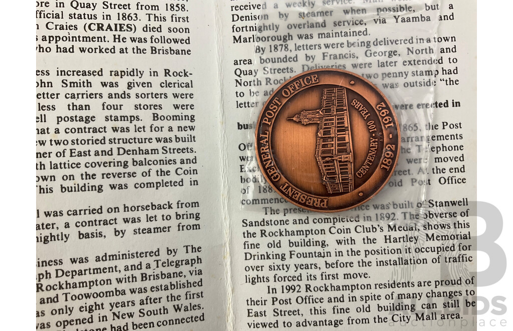 Assortment of Medallions and Coins Including Australian Late 1800's Stamp Die 'Commnwealth Disposals Commision' 1992 Harbour Tunnel and Bridge, 1970 Cook Bicentenary, 2000 Five Dollar Coin, 1985 Parliament House Sydney and More