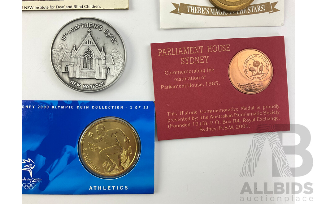 Assortment of Medallions and Coins Including Australian Late 1800's Stamp Die 'Commnwealth Disposals Commision' 1992 Harbour Tunnel and Bridge, 1970 Cook Bicentenary, 2000 Five Dollar Coin, 1985 Parliament House Sydney and More