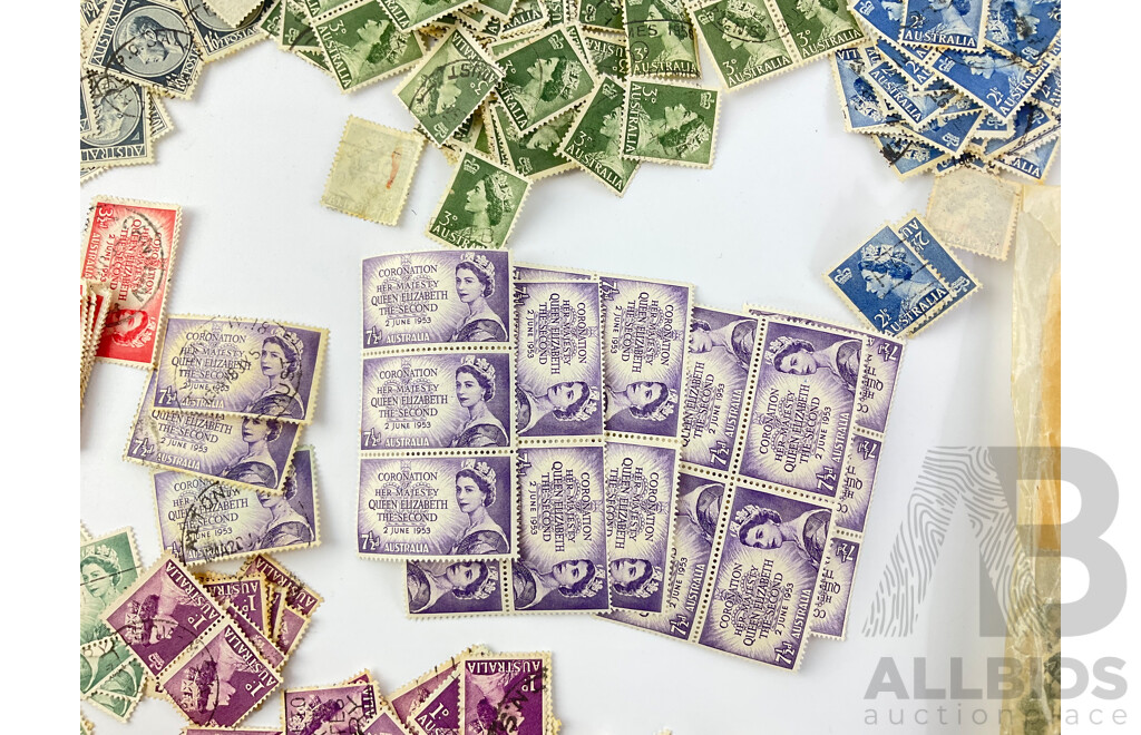 Collection of Australian 1952-1953 Mint and Cancelled Predecimal Stamps QE2 and KGVI Including Coronation