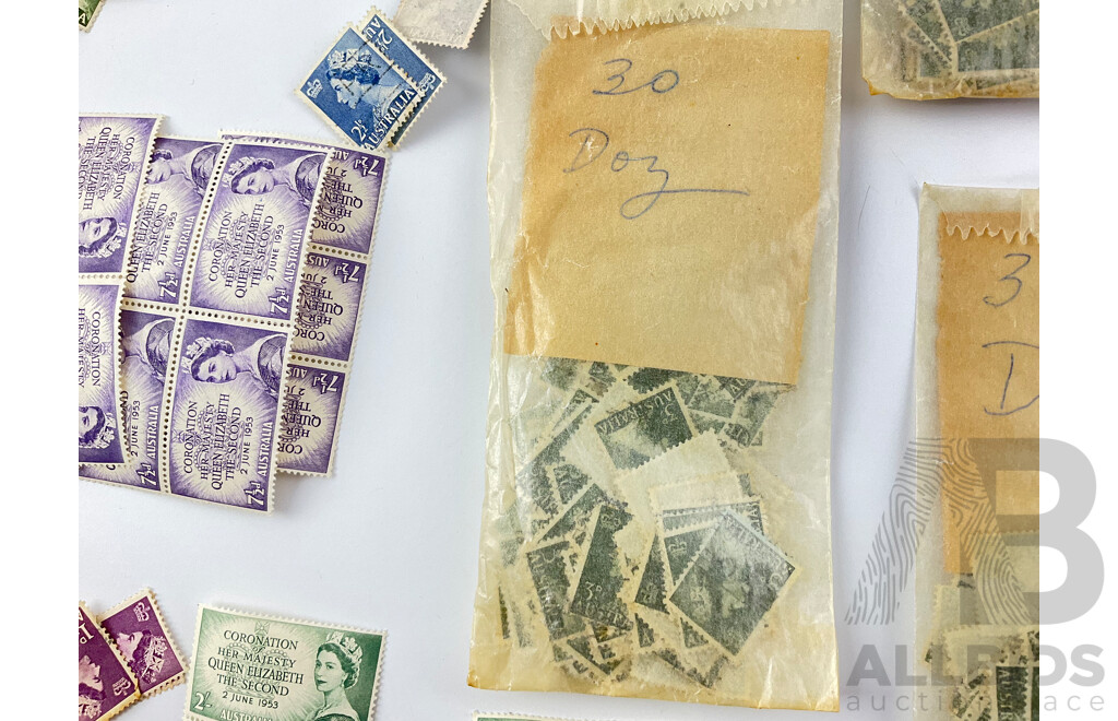 Collection of Australian 1952-1953 Mint and Cancelled Predecimal Stamps QE2 and KGVI Including Coronation