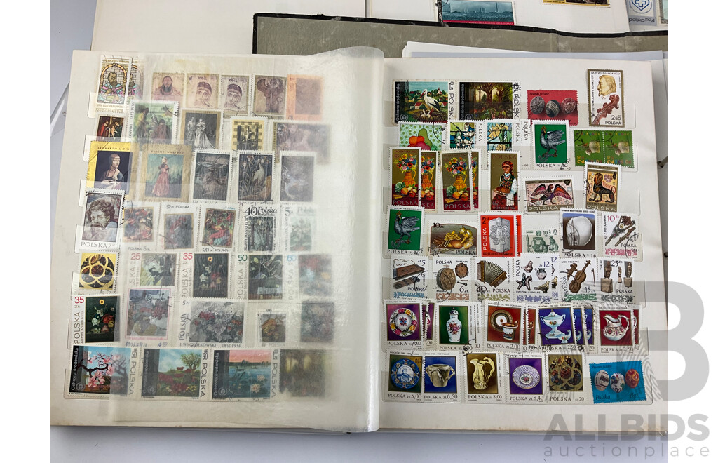 Four Albums of Vintage International Stamps Including USSR, Germany, USA, Poland, Helvetica, Spain, Japan and More