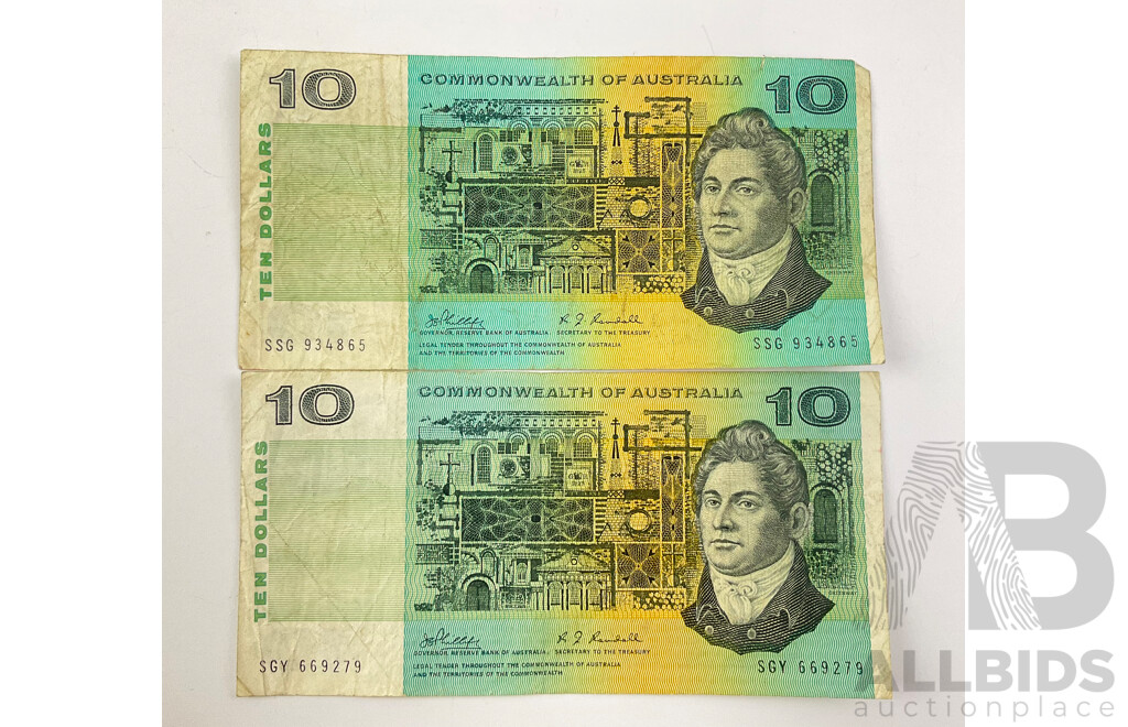 Two Australian 1968 COA Ten Dollar Notes R303 Philips/Randall, SSG and SGY