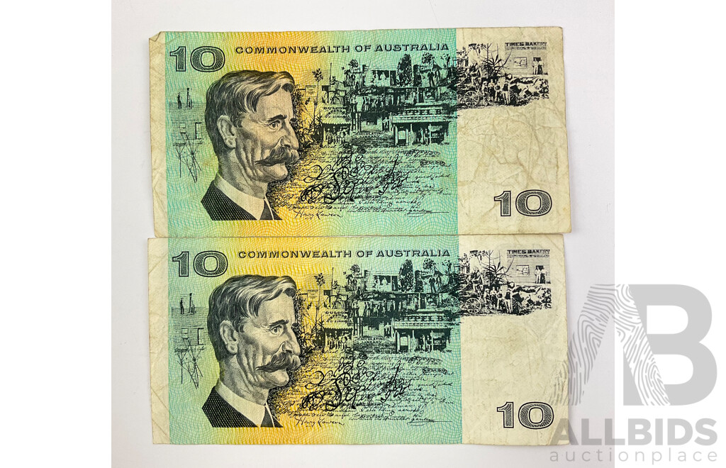 Two Australian 1968 COA Ten Dollar Notes R303 Philips/Randall, SSG and SGY